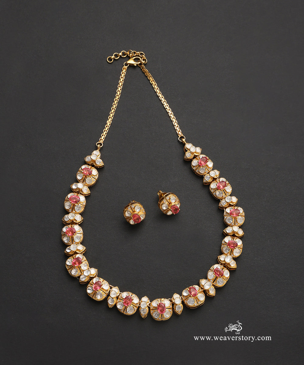 Aesha_Handcrafted_Pure_Silver_Moissanite_Polki_Necklace_Set_With_Semi_Precious_Stones_WeaverStory_02