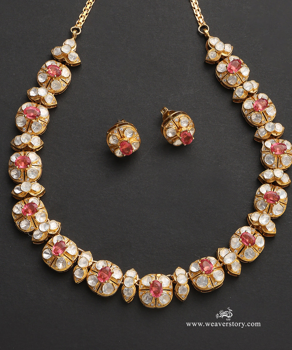 Aesha_Handcrafted_Pure_Silver_Moissanite_Polki_Necklace_Set_With_Semi_Precious_Stones_WeaverStory_03