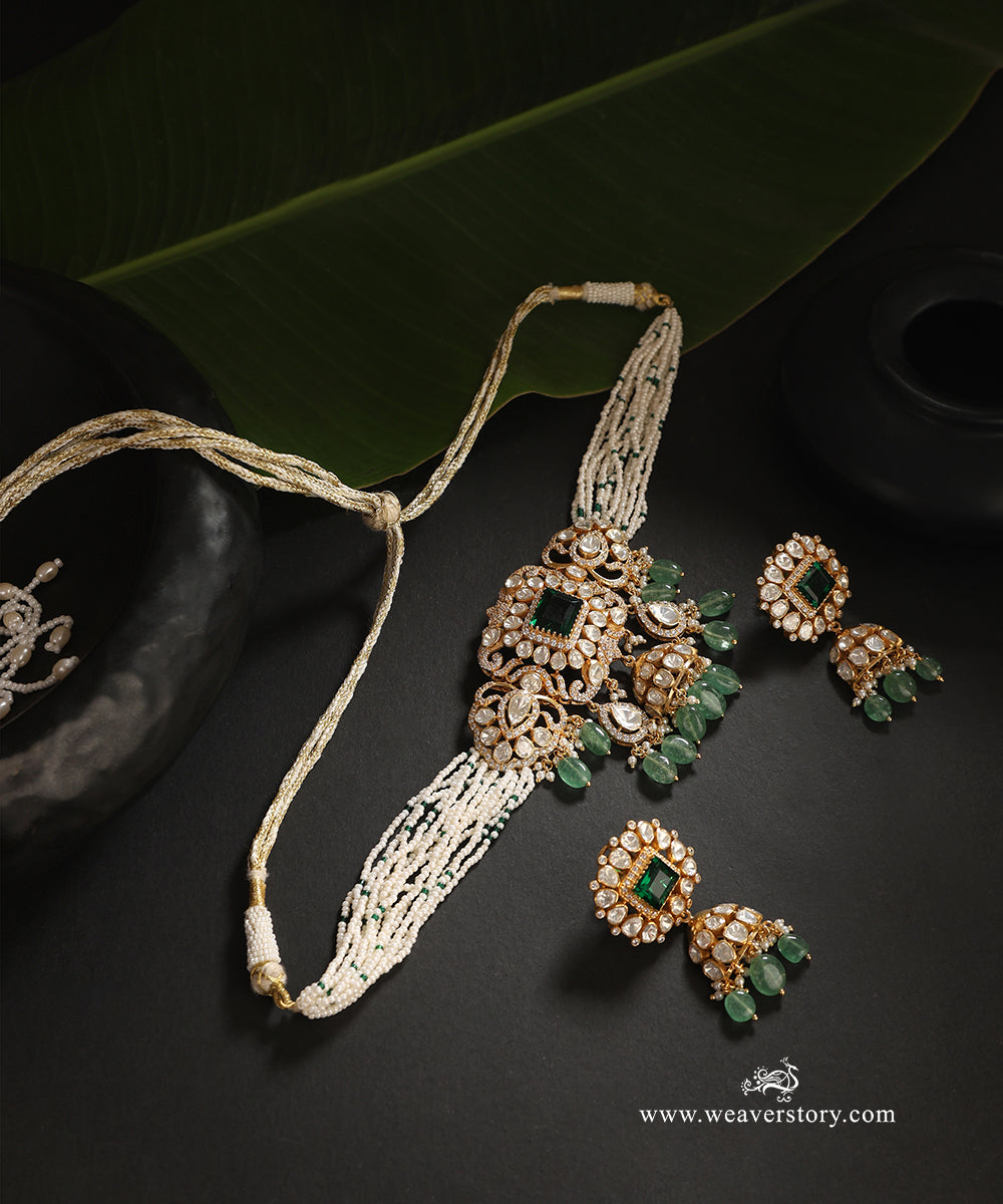 Kanishka_Handcrafted_Pure_Silver_Moissanite_Polki_Necklace_Set_WeaverStory_01