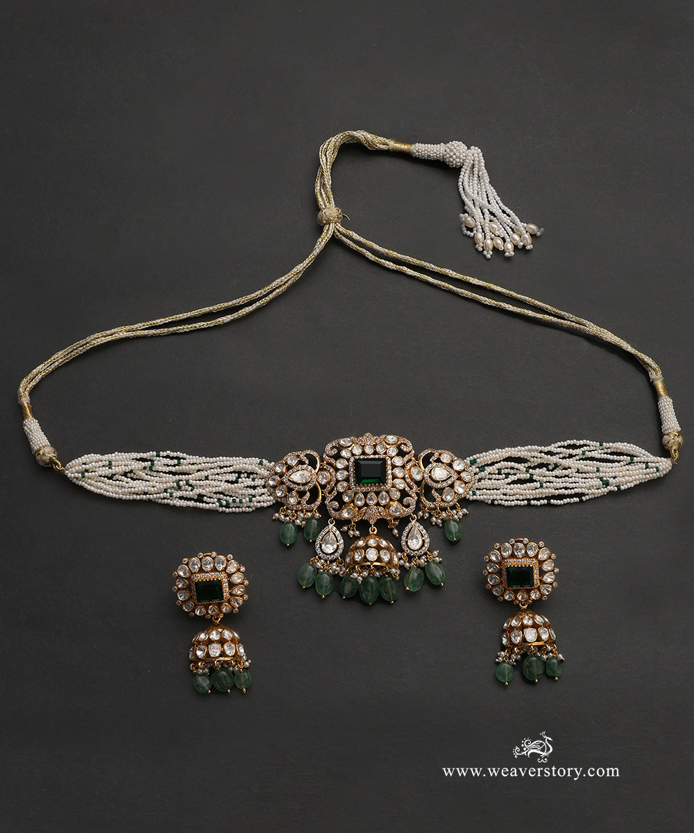 Kanishka_Handcrafted_Pure_Silver_Moissanite_Polki_Necklace_Set_WeaverStory_02