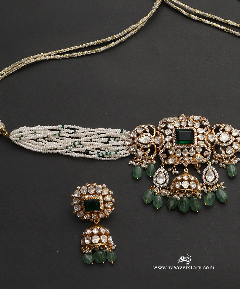 Kanishka_Handcrafted_Pure_Silver_Moissanite_Polki_Necklace_Set_WeaverStory_03