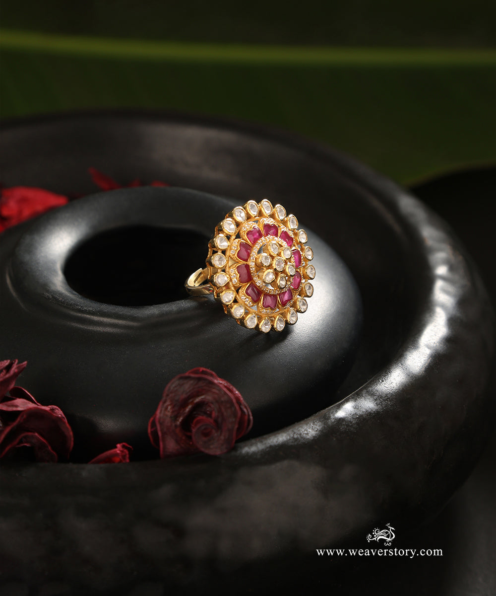 Avisa_Handcrafted_Pure_Silver_Moissanite_Polki_Red_Ring_WeaverStory_01