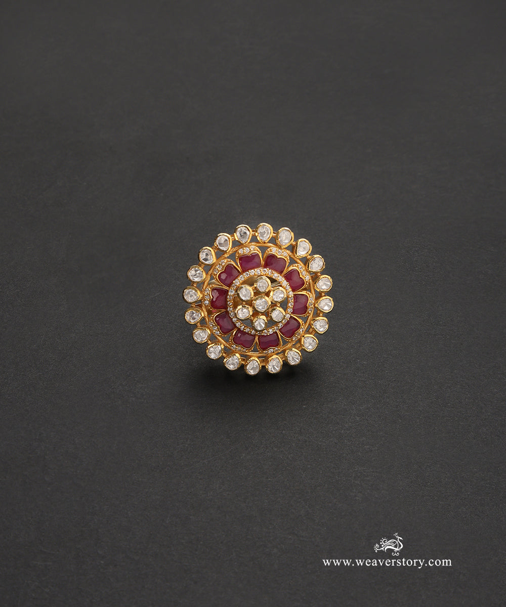 Avisa_Handcrafted_Pure_Silver_Moissanite_Polki_Red_Ring_WeaverStory_02