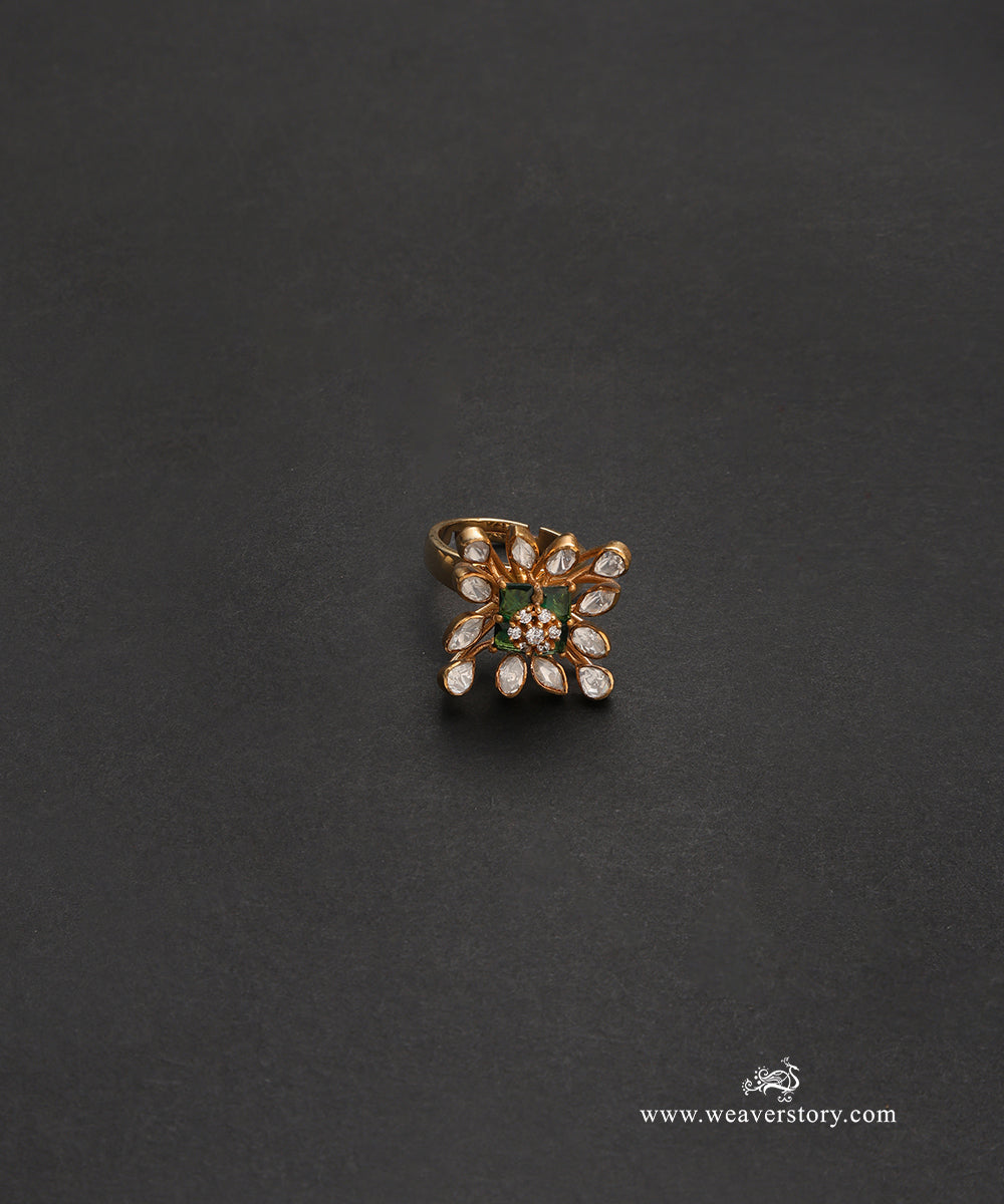 Mohini_Handcrafted_Pure_Silver_Green_Moissanite_Polki_Ring_WeaverStory_02