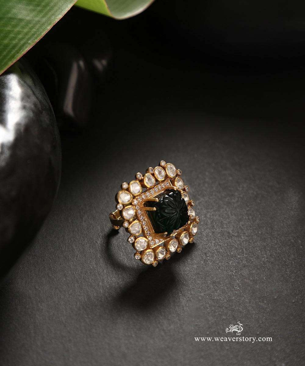 Nalika_Handcrafted_Pure_Silver_Moissanite_Polki_Ring_With_Green_Semi_Precious_Stones_WeaverStory_01