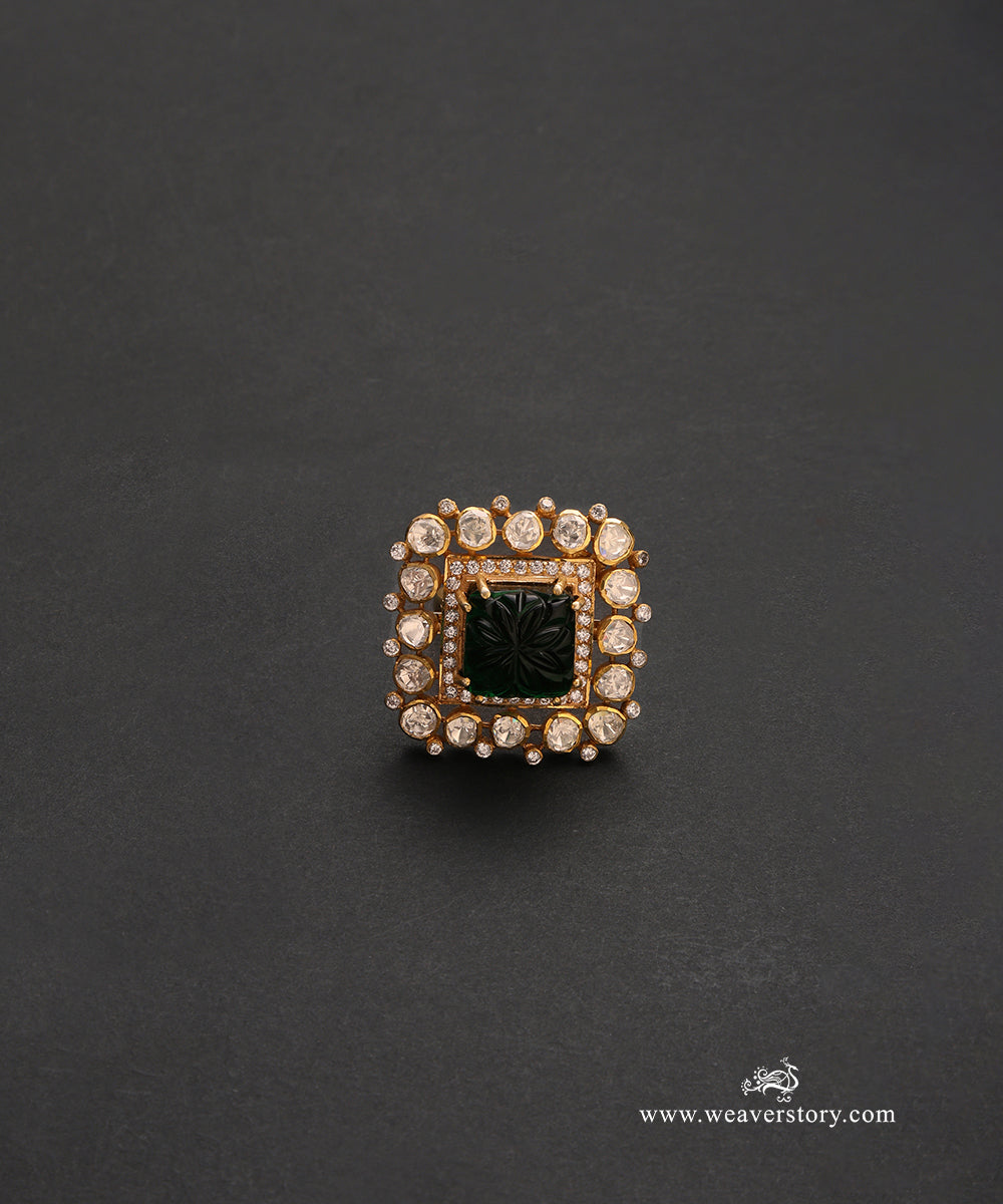 Nalika_Handcrafted_Pure_Silver_Moissanite_Polki_Ring_With_Green_Semi_Precious_Stones_WeaverStory_02