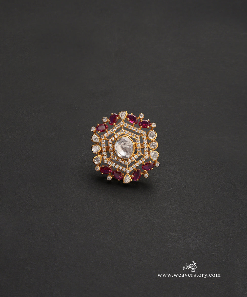 Raga_Handcrafted_Pure_Silver_Moissanite_Polki_Ring_With_Red_Semi_Precious_Stones_WeaverStory_02