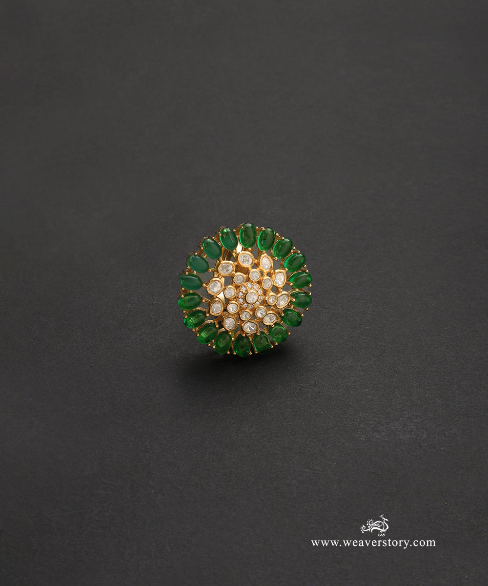Alisa_Handcrafted_Pure_Silver_Moissanite_Polki_Ring_With_Green_Semi_Precious_Stones_WeaverStory_02