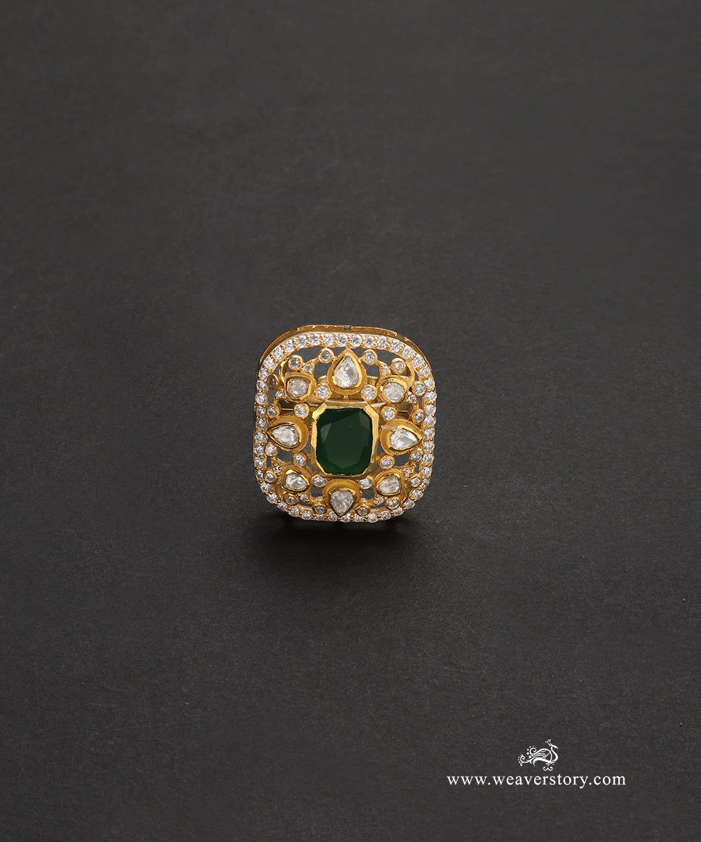 Karvi_Handcrafted_Pure_Silver_Moissanite_Polki_Ring_With_Green_Semi_Precious_Stone_WeaverStory_02