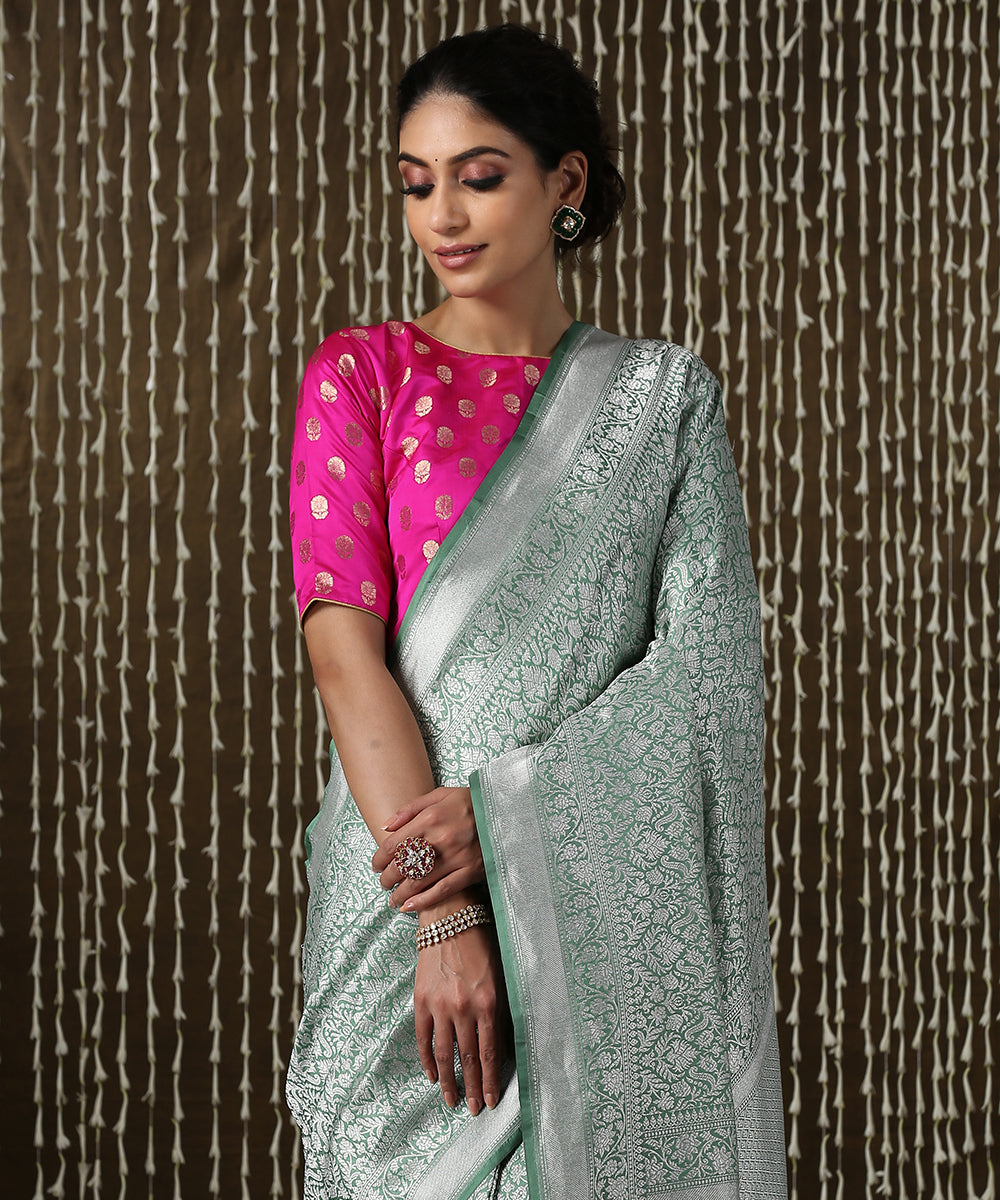 Sage Green Handloom Kimkhab Brocade Banarasi Saree With Silver Zari