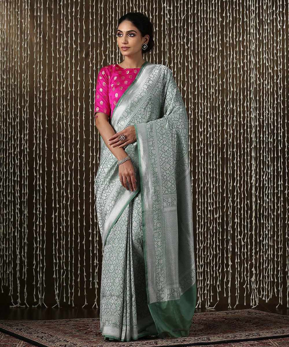 Sage Green Handloom Kimkhab Brocade Banarasi Saree With Silver Zari