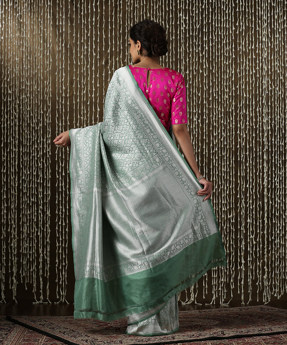 Sage Green Handloom Kimkhab Brocade Banarasi Saree With Silver Zari