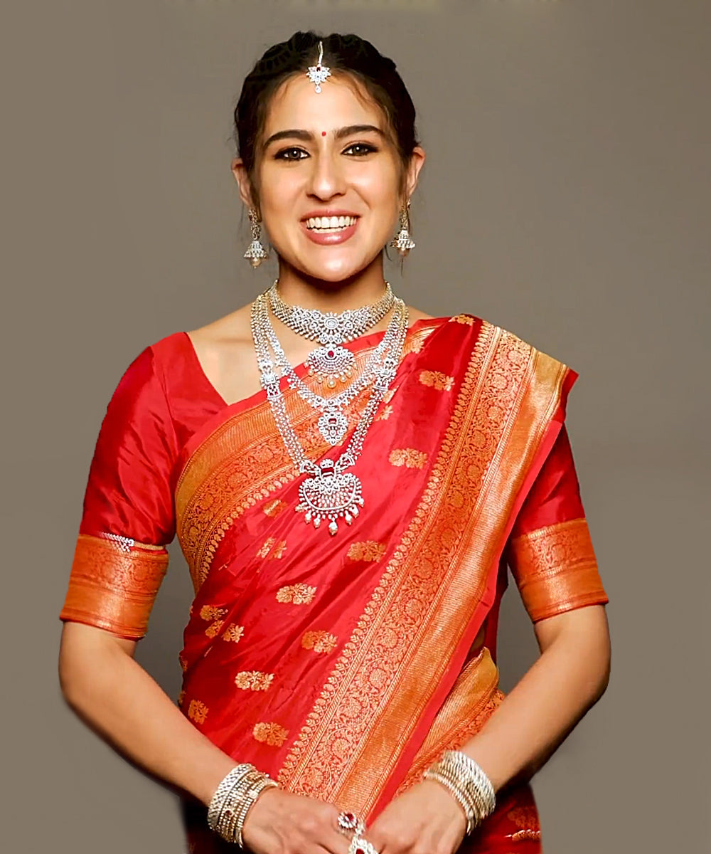 Sara Ali Khan In Handloom Ruby Red Pure Katan Silk Banarasi Saree - Pre Order