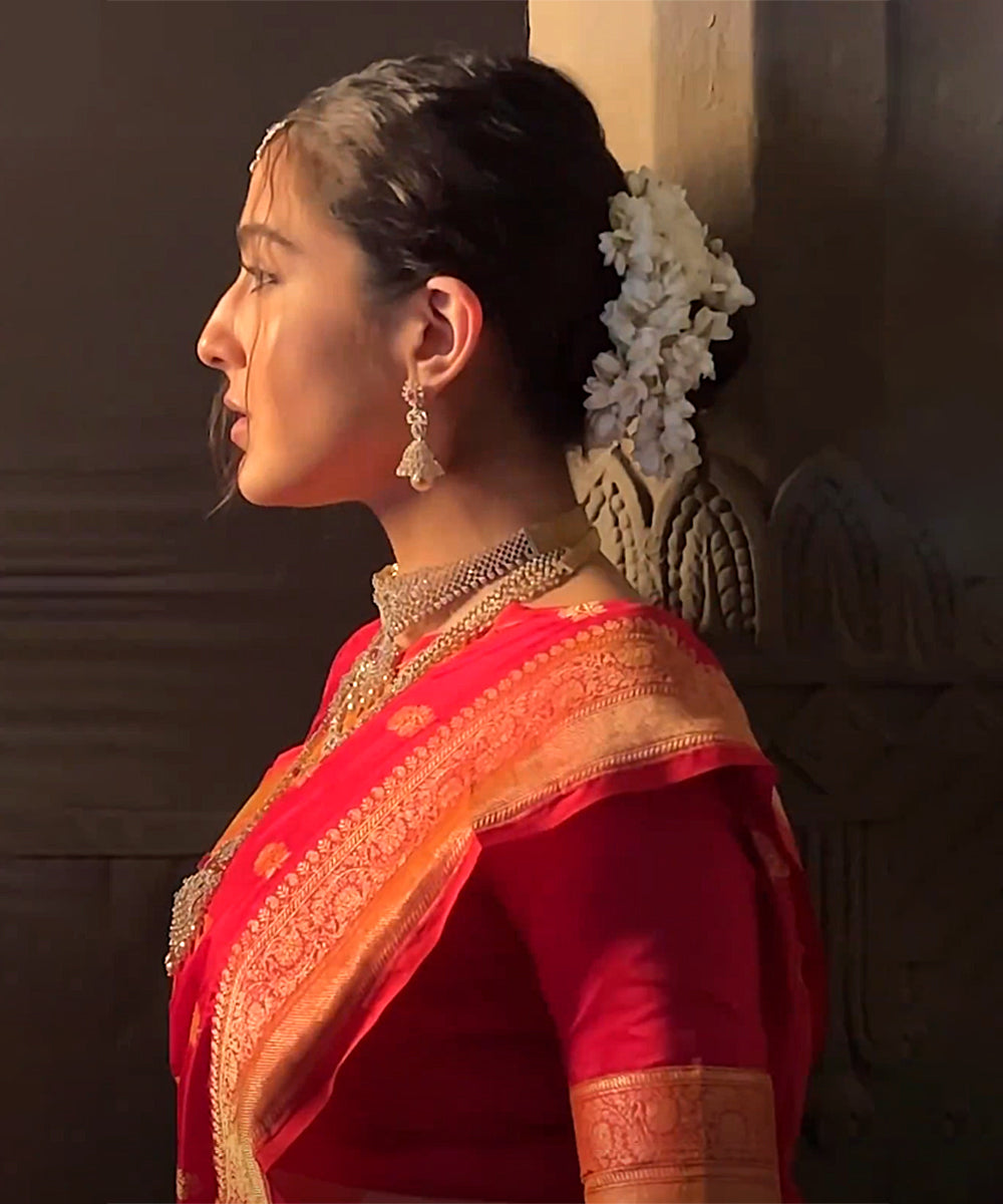 Sara Ali Khan In Handloom Ruby Red Pure Katan Silk Banarasi Saree - Pre Order