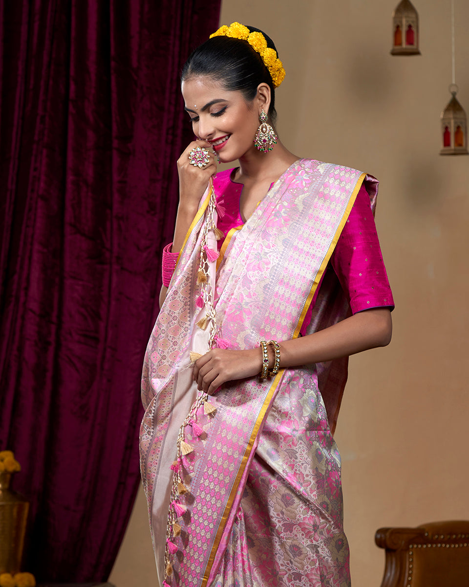 Soft Pink Handloom Pure Katan Silk Reshmi Floral Meenakari Tanchoi Banarasi Saree