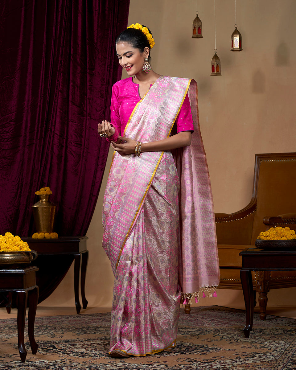 Soft Pink Handloom Pure Katan Silk Reshmi Floral Meenakari Tanchoi Banarasi Saree