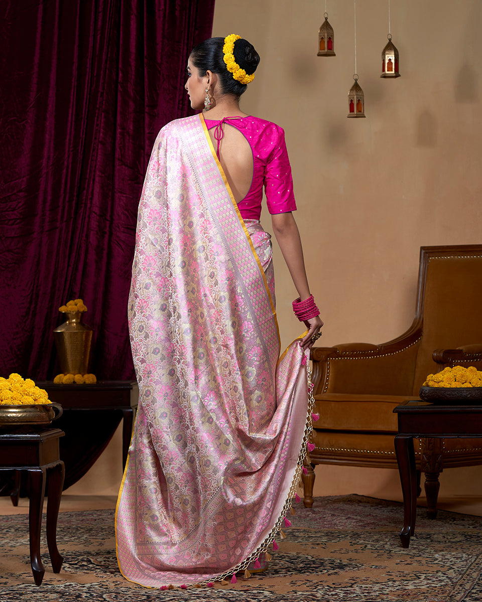 Soft Pink Handloom Pure Katan Silk Reshmi Floral Meenakari Tanchoi Banarasi Saree
