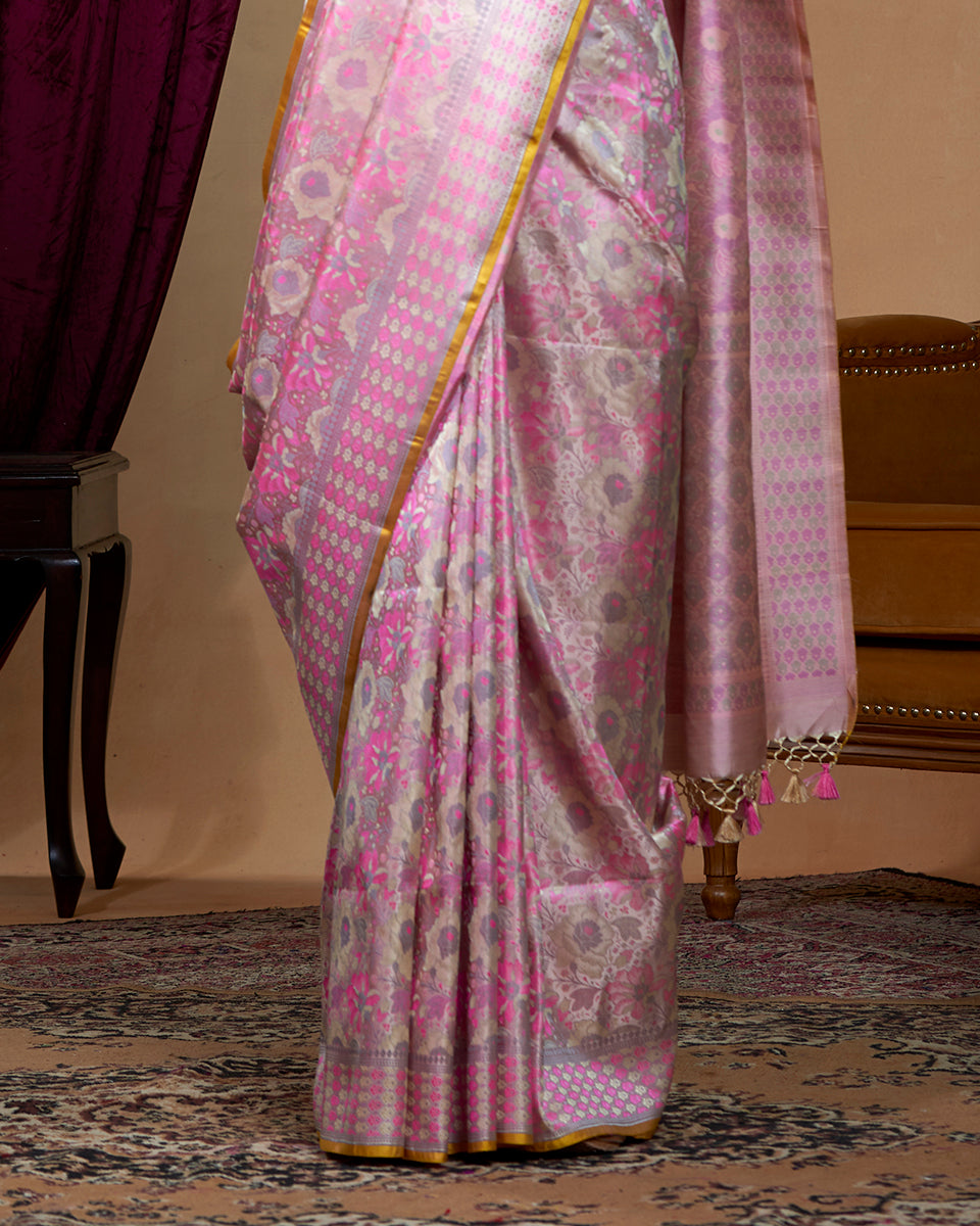 Soft Pink Handloom Pure Katan Silk Reshmi Floral Meenakari Tanchoi Banarasi Saree