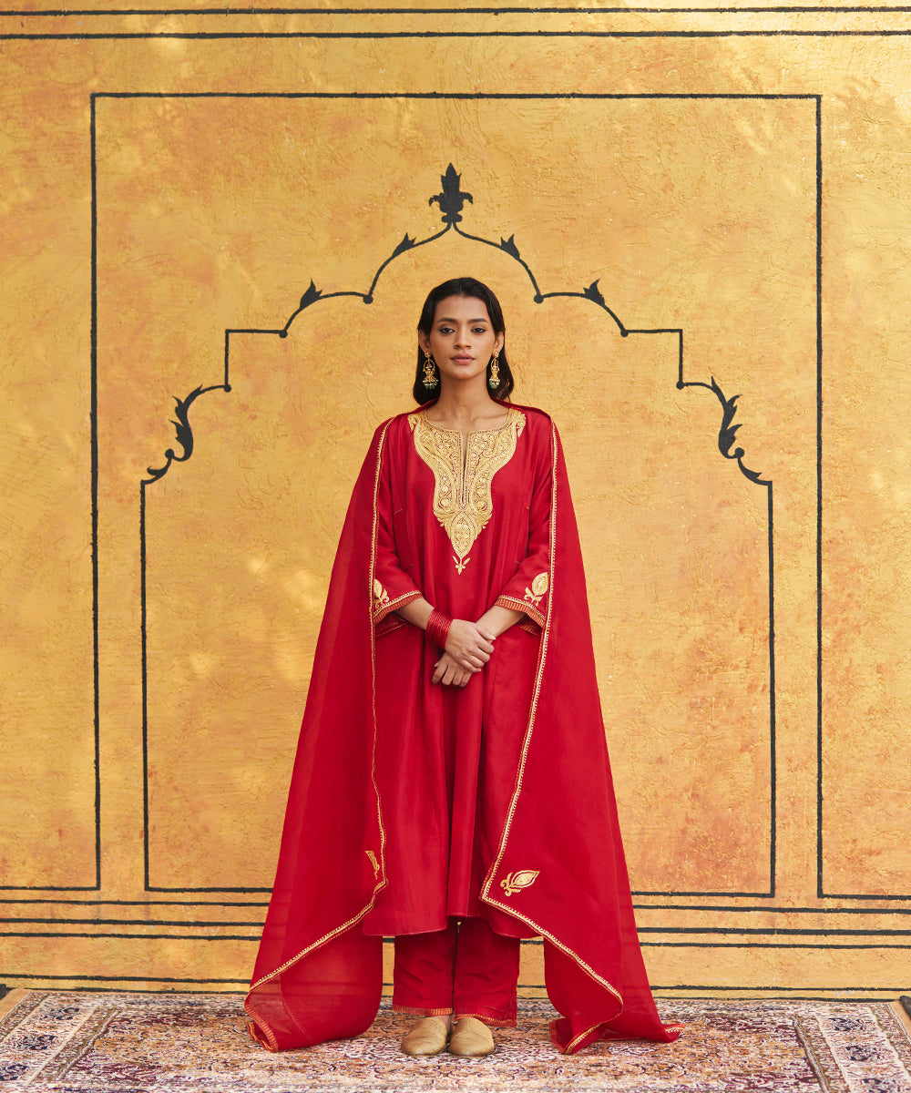 Red Pure Silk Tilla Hand Embroidered Unstitched Suit Set With Dupatta