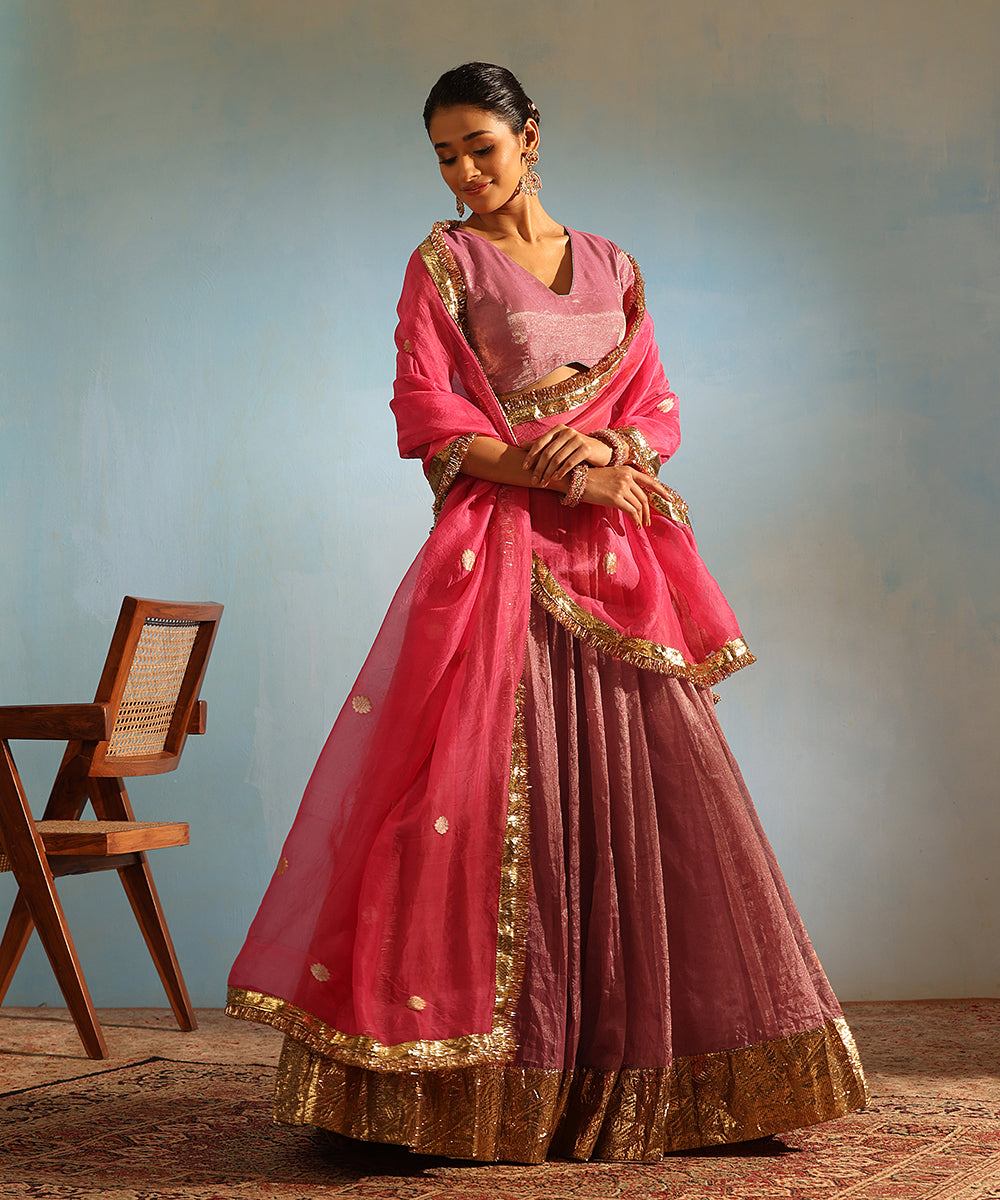 Pink Handcrafted Tissue Silk Lehenga Set With Organza Dupatta Stitched