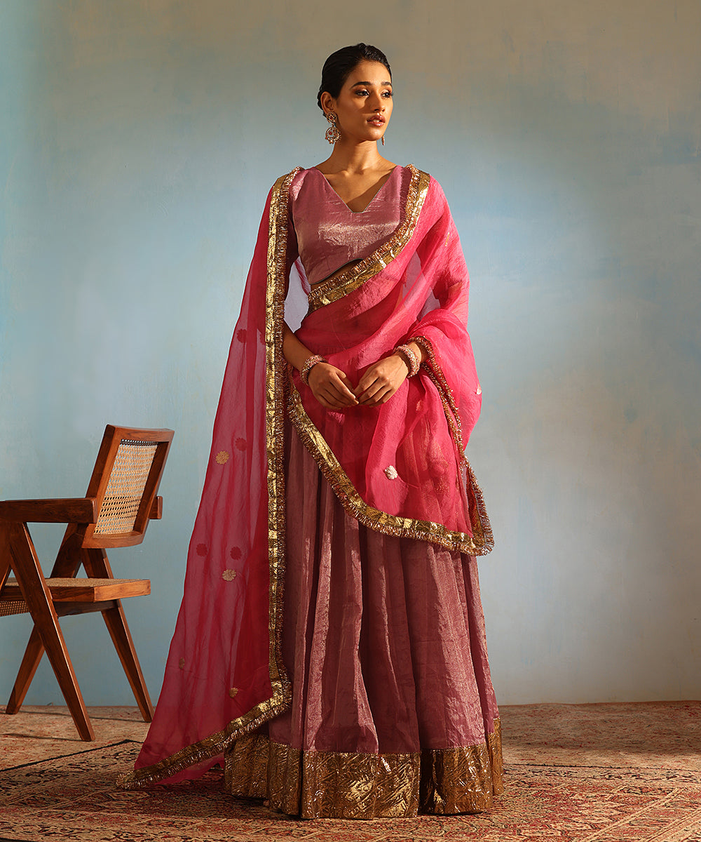 Pink Handcrafted Tissue Silk Lehenga Set With Organza Dupatta Stitched
