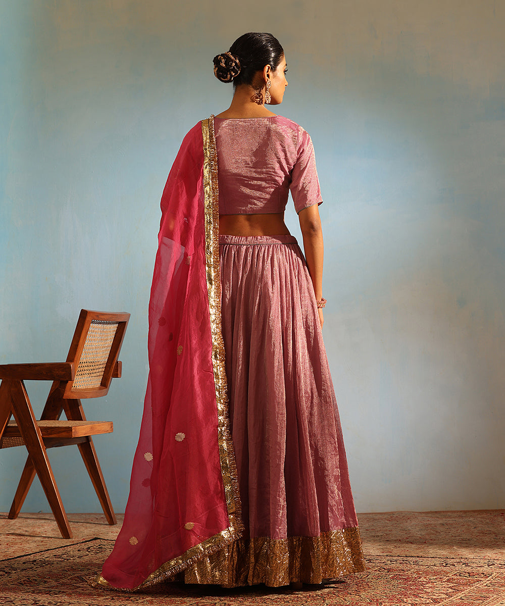 Pink Handcrafted Tissue Silk Lehenga Set With Organza Dupatta Stitched