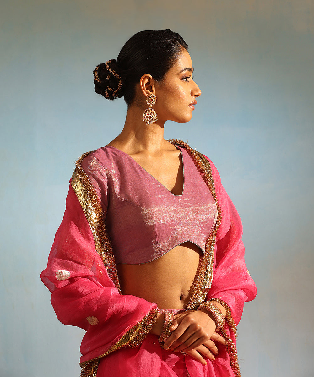 Pink Handcrafted Tissue Silk Lehenga Set With Organza Dupatta Stitched