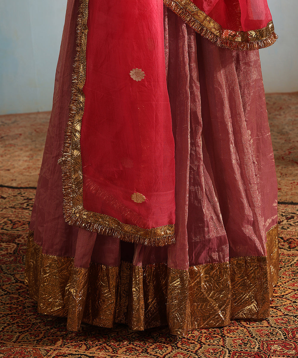 Pink Handcrafted Tissue Silk Lehenga Set With Organza Dupatta Stitched