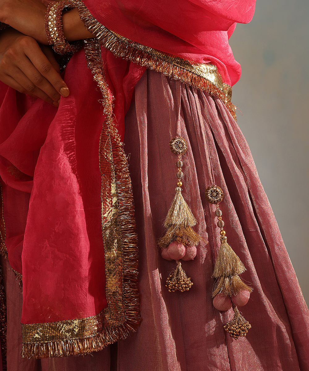 Pink Handcrafted Tissue Silk Lehenga Set With Organza Dupatta Stitched