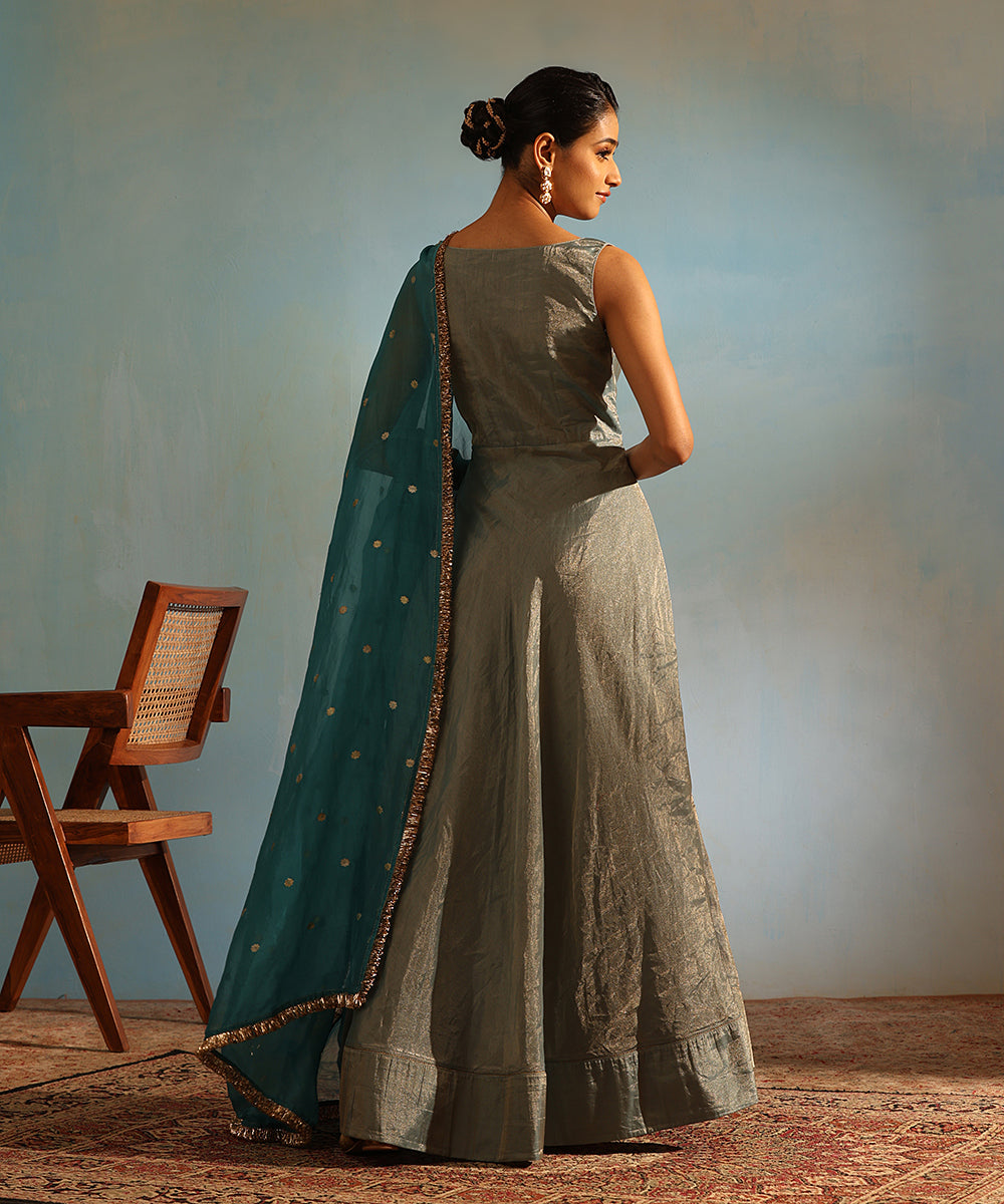 Blue Handcrafted Tissue Silk Anarkali Kurta With Churidaar And Organza Dupatta Ready To Wear