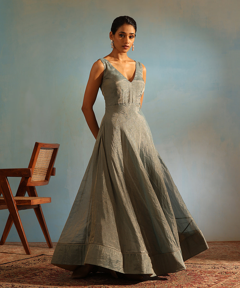 Blue Handcrafted Tissue Silk Anarkali Kurta With Churidaar And Organza Dupatta Ready To Wear