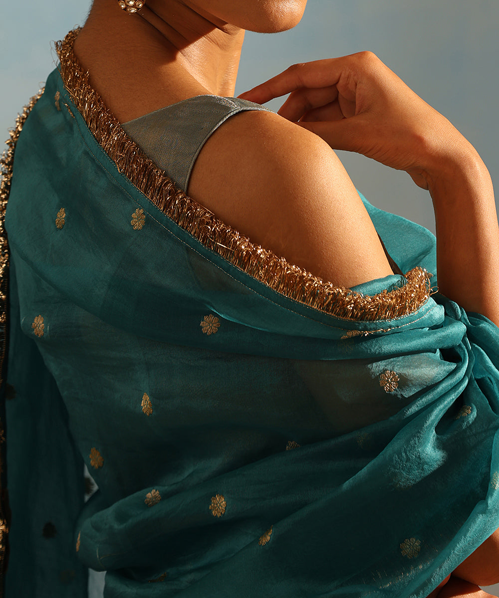 Blue Handcrafted Tissue Silk Anarkali Kurta With Churidaar And Organza Dupatta Ready To Wear