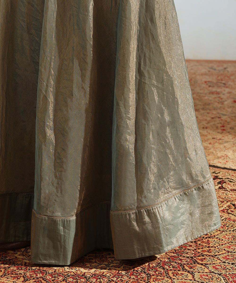 Blue Handcrafted Tissue Silk Anarkali Kurta With Churidaar And Organza Dupatta Ready To Wear