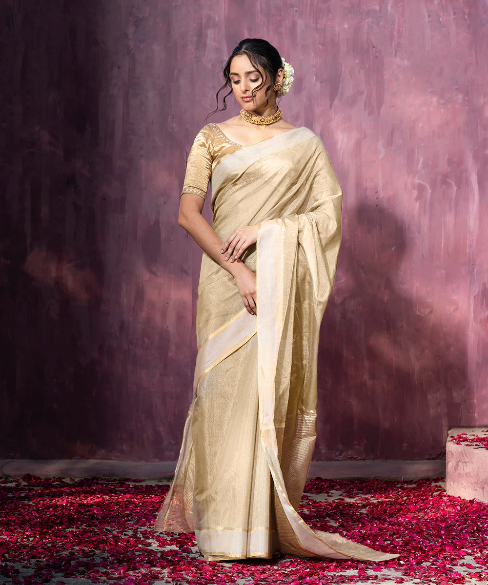 Handloom Off-White Tissue Chanderi Silk Saree With Contrast Woven Border