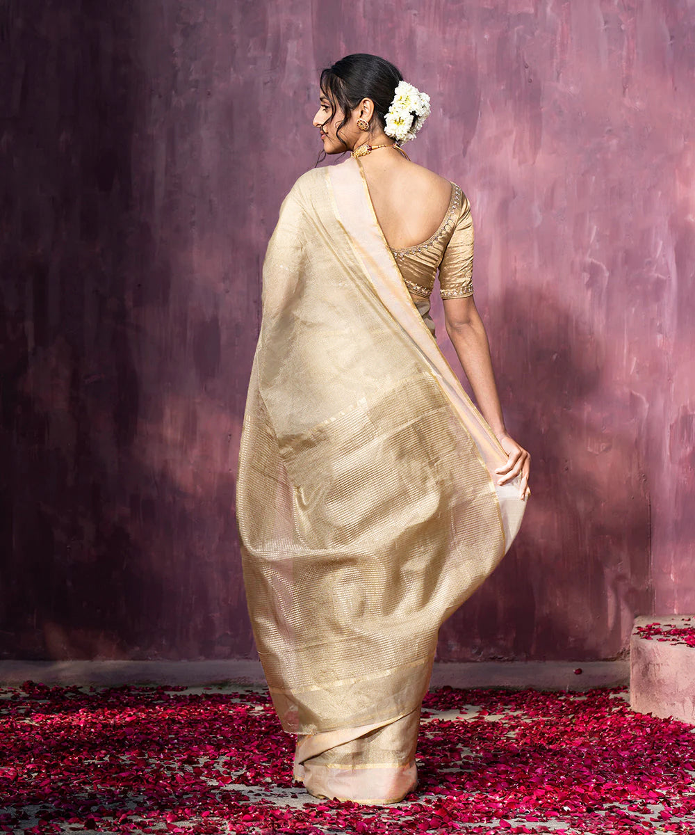 Handloom Off-White Tissue Chanderi Silk Saree With Contrast Woven Border