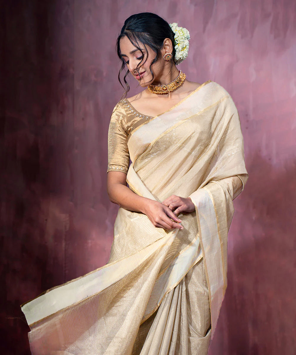 Handloom Off White Tissue Chanderi Silk Saree With Contrast Woven Border