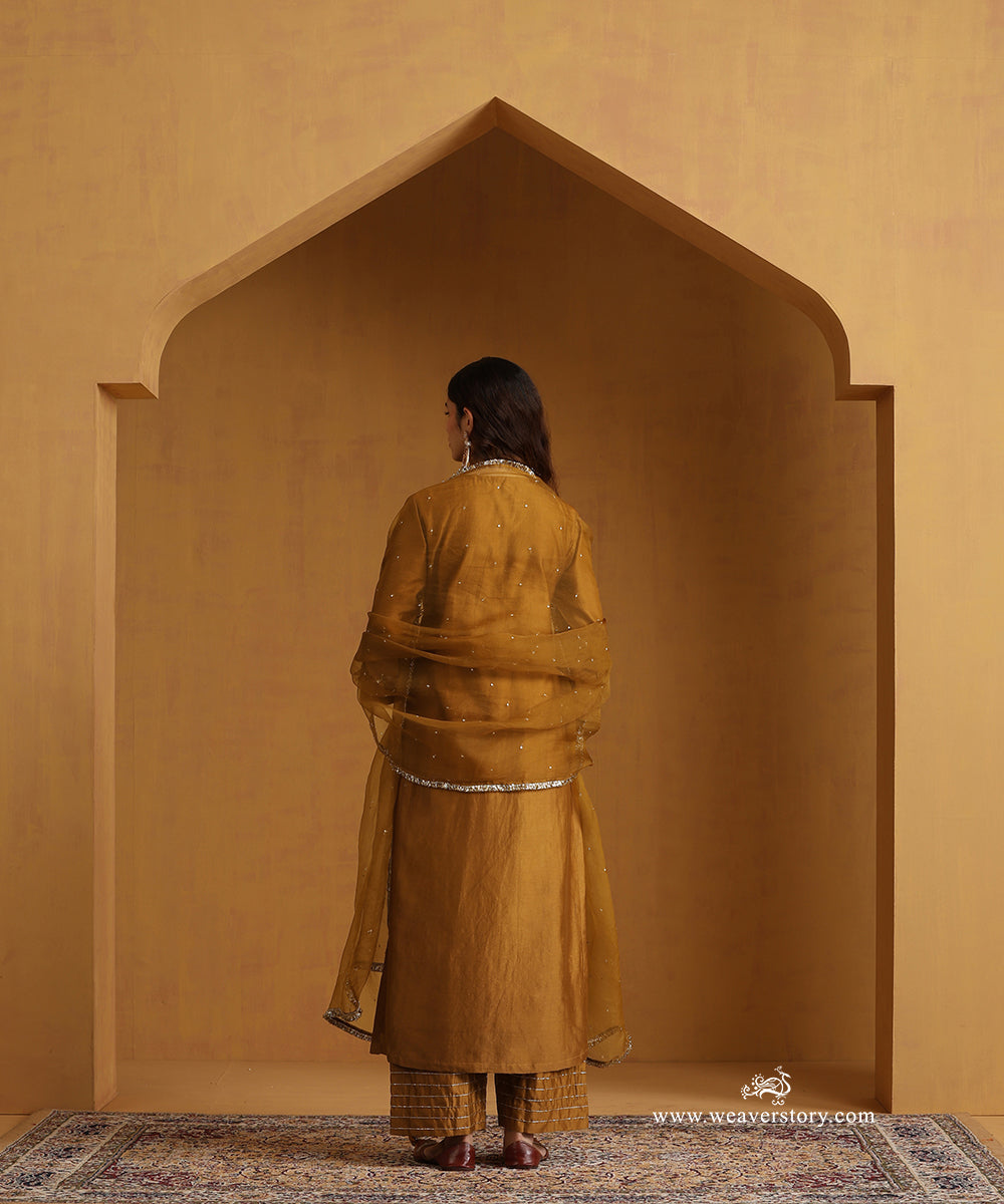 Mustard Yellow Hand Embroidered Chanderi Angrakha Kurta With Pants And Organza Dupatta