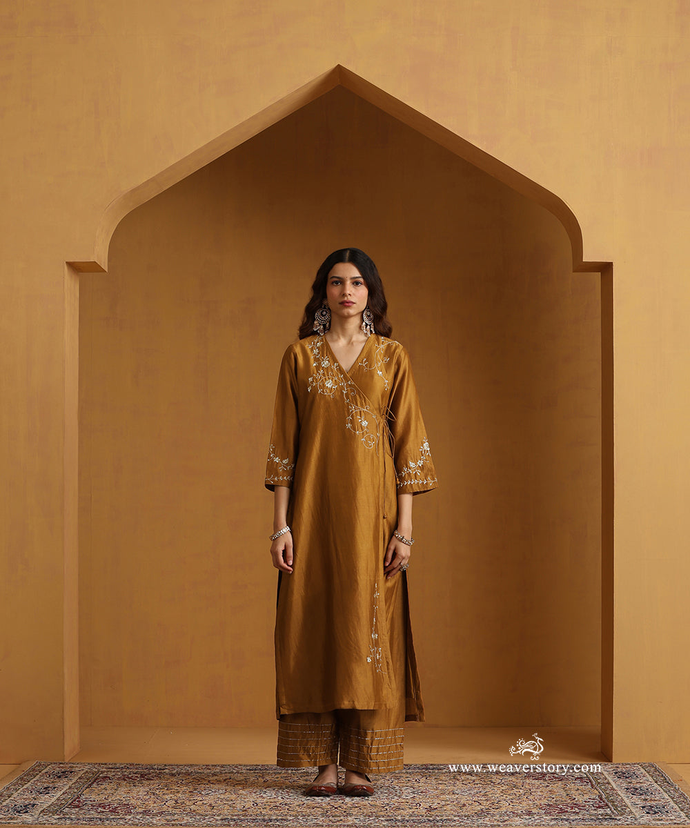 Mustard Yellow Hand Embroidered Chanderi Angrakha Kurta With Pants And Organza Dupatta
