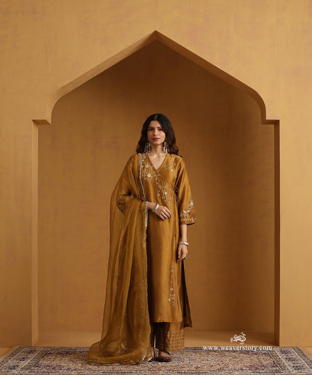 Mustard Yellow Hand Embroidered Chanderi Angrakha Kurta With Pants And Organza Dupatta