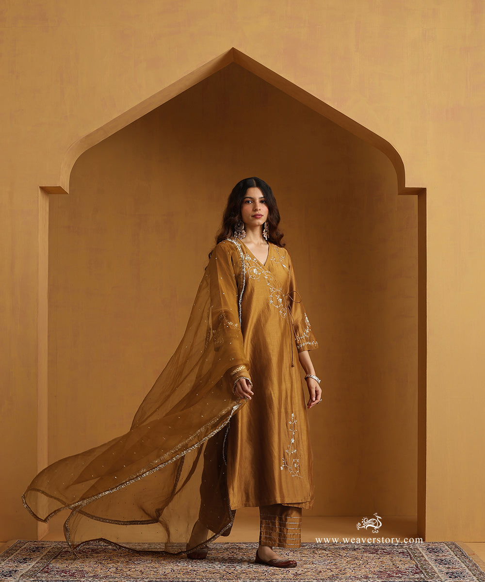 Mustard Yellow Hand Embroidered Chanderi Angrakha Kurta With Pants And Organza Dupatta
