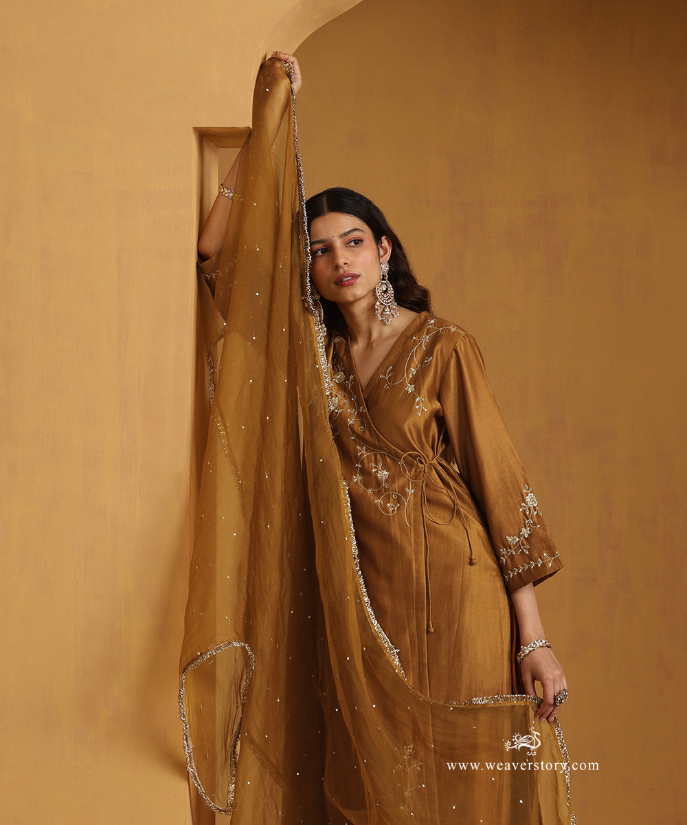 Mustard Yellow Hand Embroidered Chanderi Angrakha Kurta With Pants And Organza Dupatta