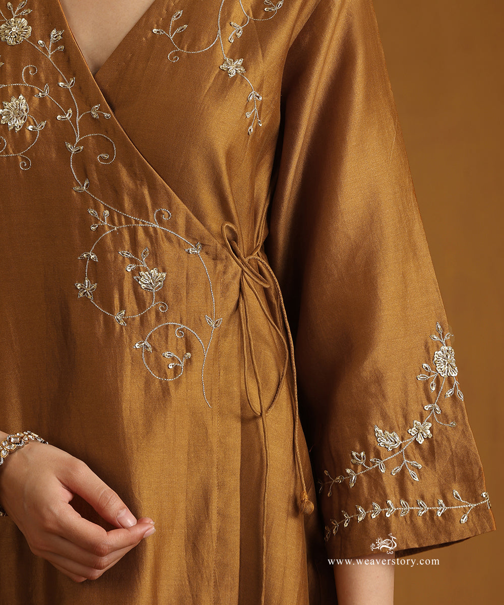Mustard Yellow Hand Embroidered Chanderi Angrakha Kurta With Pants And Organza Dupatta