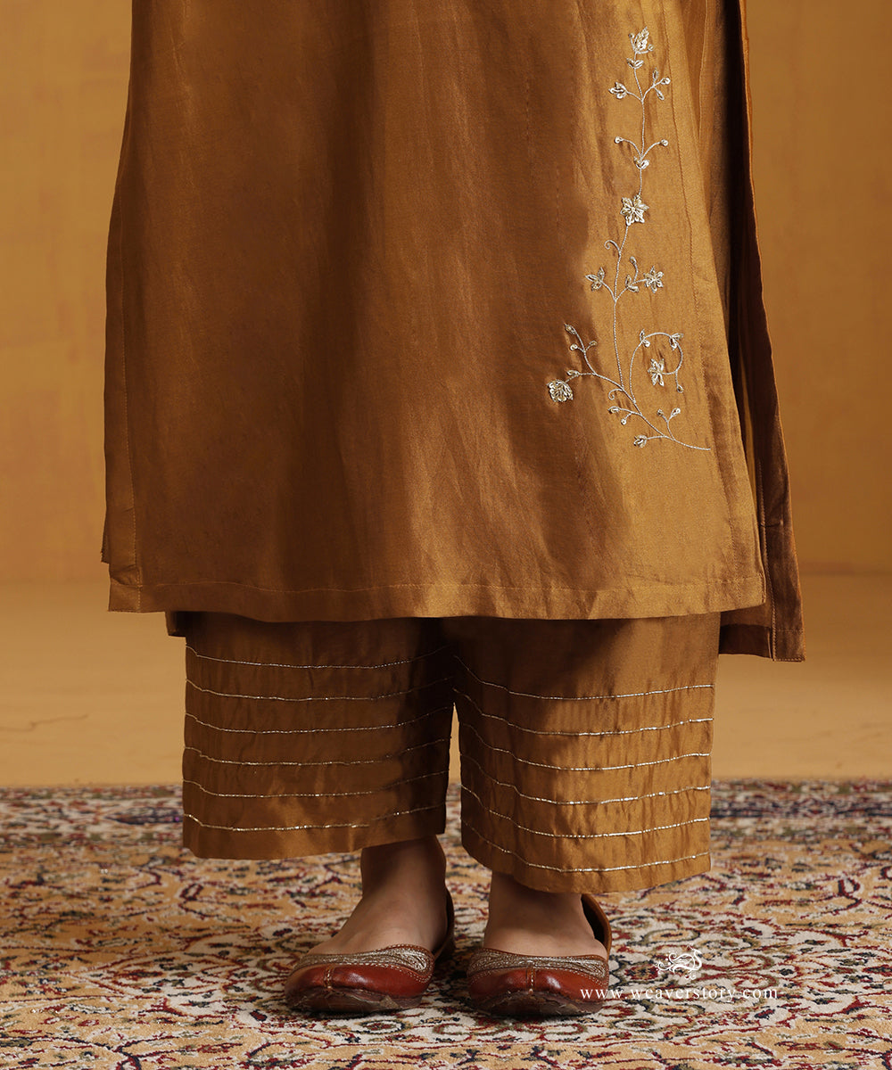 Mustard Yellow Hand Embroidered Chanderi Angrakha Kurta With Pants And Organza Dupatta