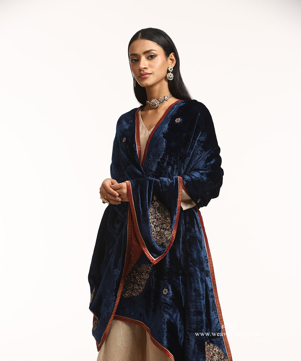 Navy_Blue_Hand_Embroidered_Velvet_Doshala_With_Konia_Boota_And_Majenta_Meena_WeaverStory_02
