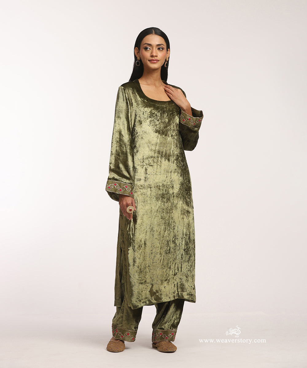 Olive_Green_Handloom_Velvet_Suit_Set_With_Organza_Mori_WeaverStory_02
