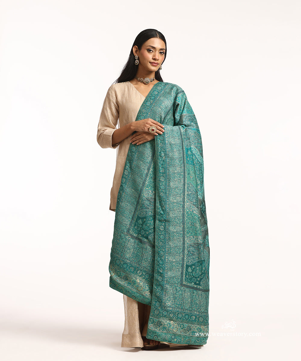 Firozi_and_Grey_Handwoven_Jamawar_Pure_Cashmere_Wool_Doshala_With_Green_Tissue_Finishing_WeaverStory_02