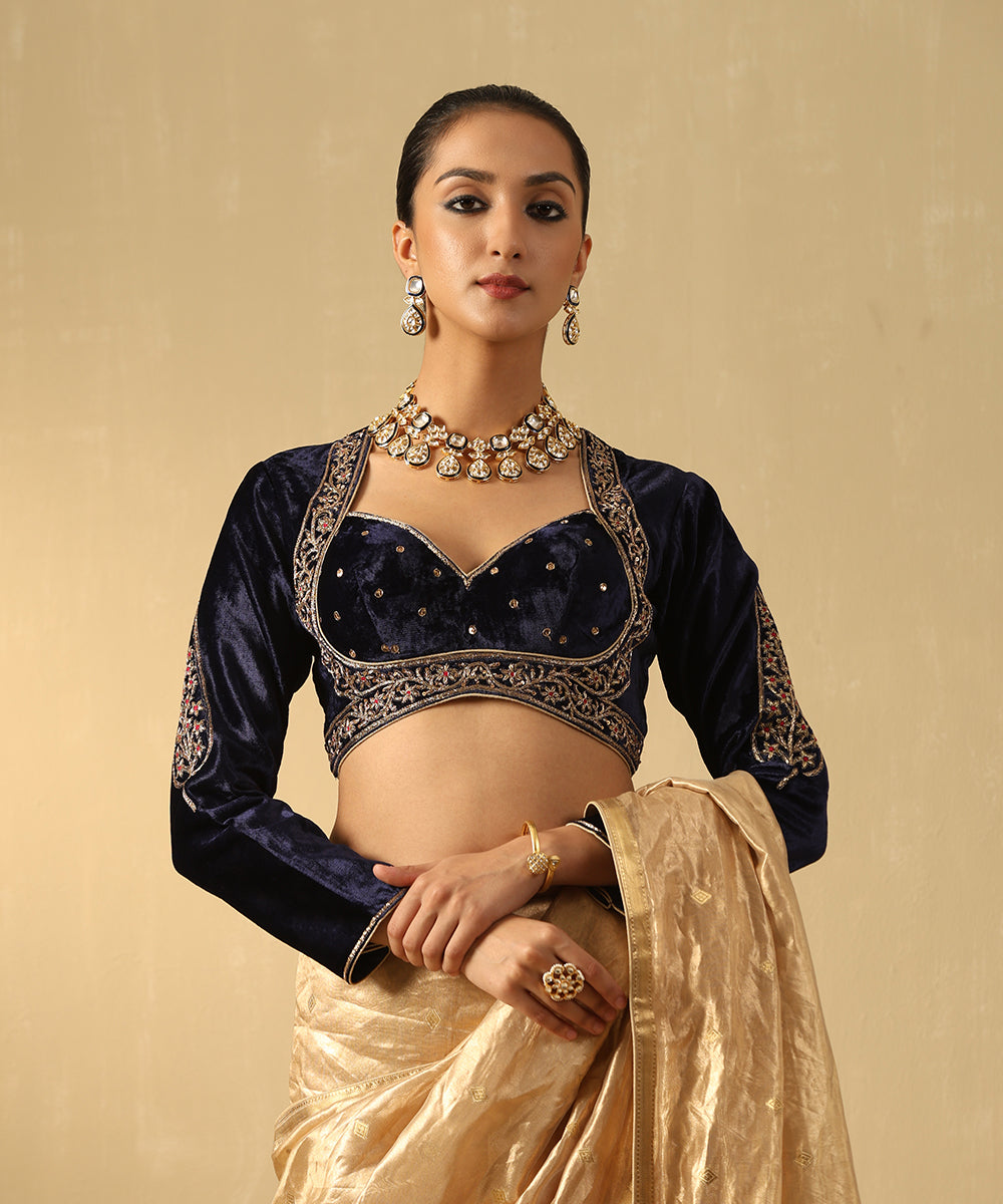 Navy Blue Hand Embroidered Zardozi Silk Velvet Blouse With Resham Work Blouses/ Crop Tops