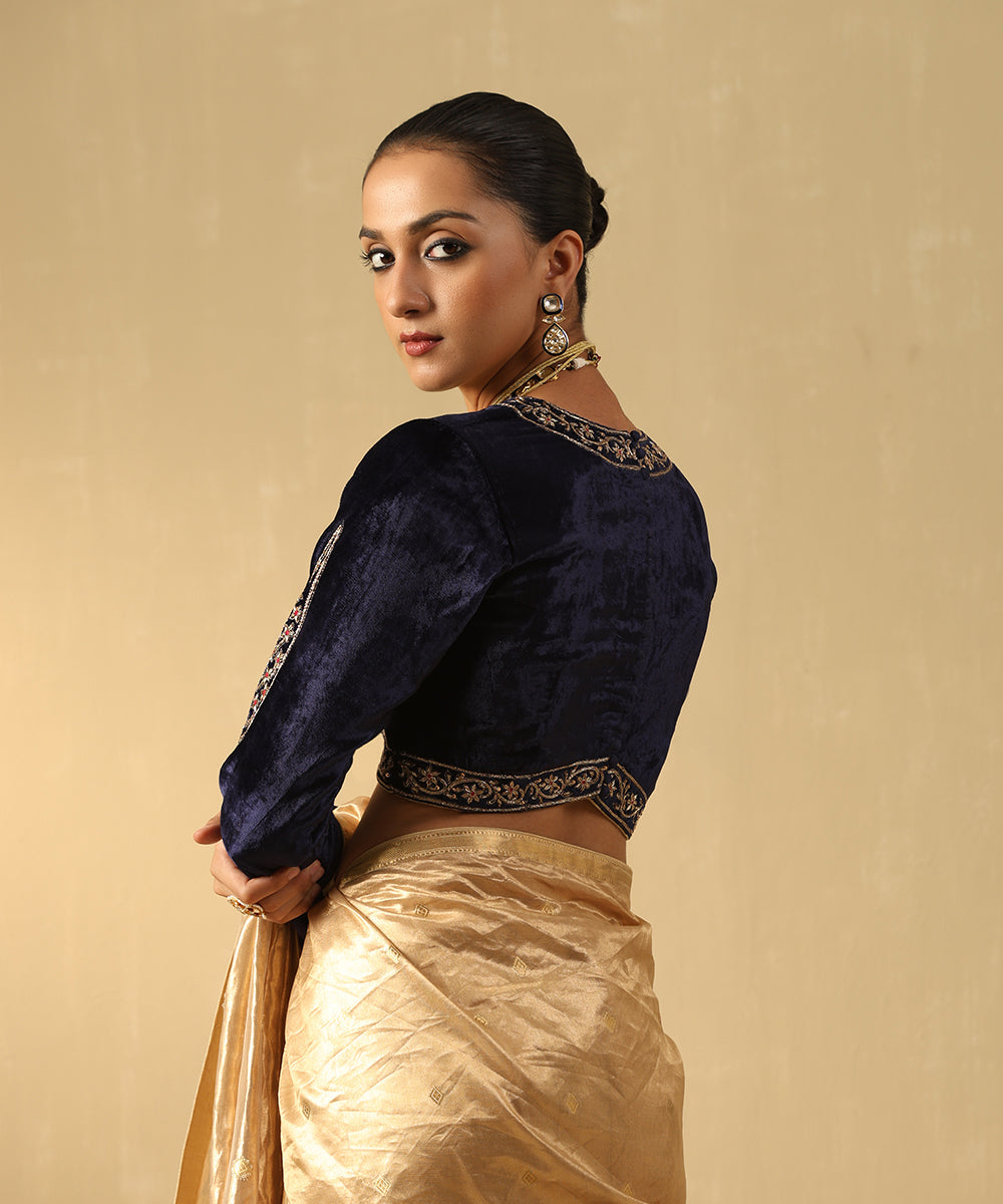 Navy Blue Hand Embroidered Zardozi Silk Velvet Blouse With Resham Work Blouses/ Crop Tops