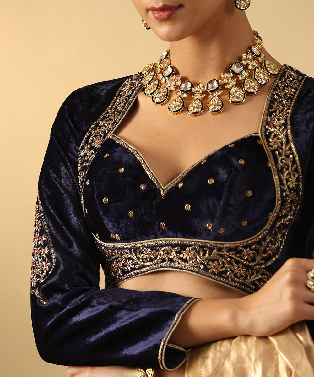 Navy Blue Hand Embroidered Zardozi Silk Velvet Blouse With Resham Work Blouses/ Crop Tops