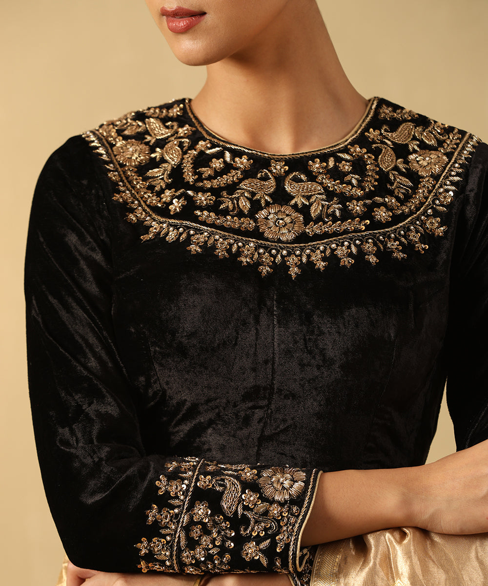 Black Hand Embroidered Zardozi Silk Velvet Blouse Blouses/ Crop Tops